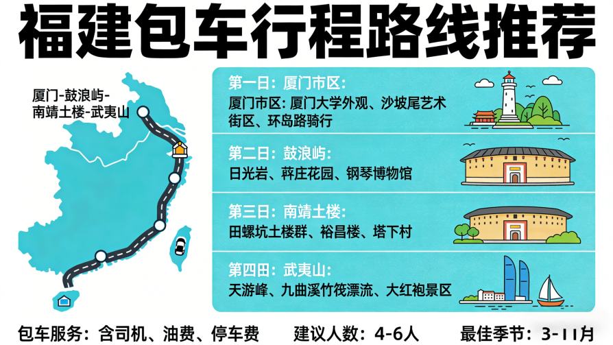 福建包车服务 | 跨市游/机场接送/土楼武夷山行程全包方案